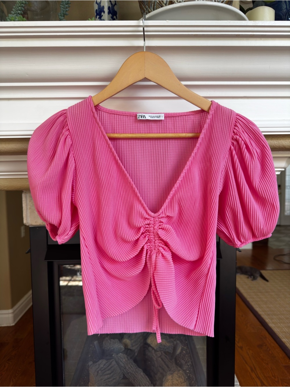 Zara Crinkle Pink Puff Sleeve Coquette Cropped Top Size S